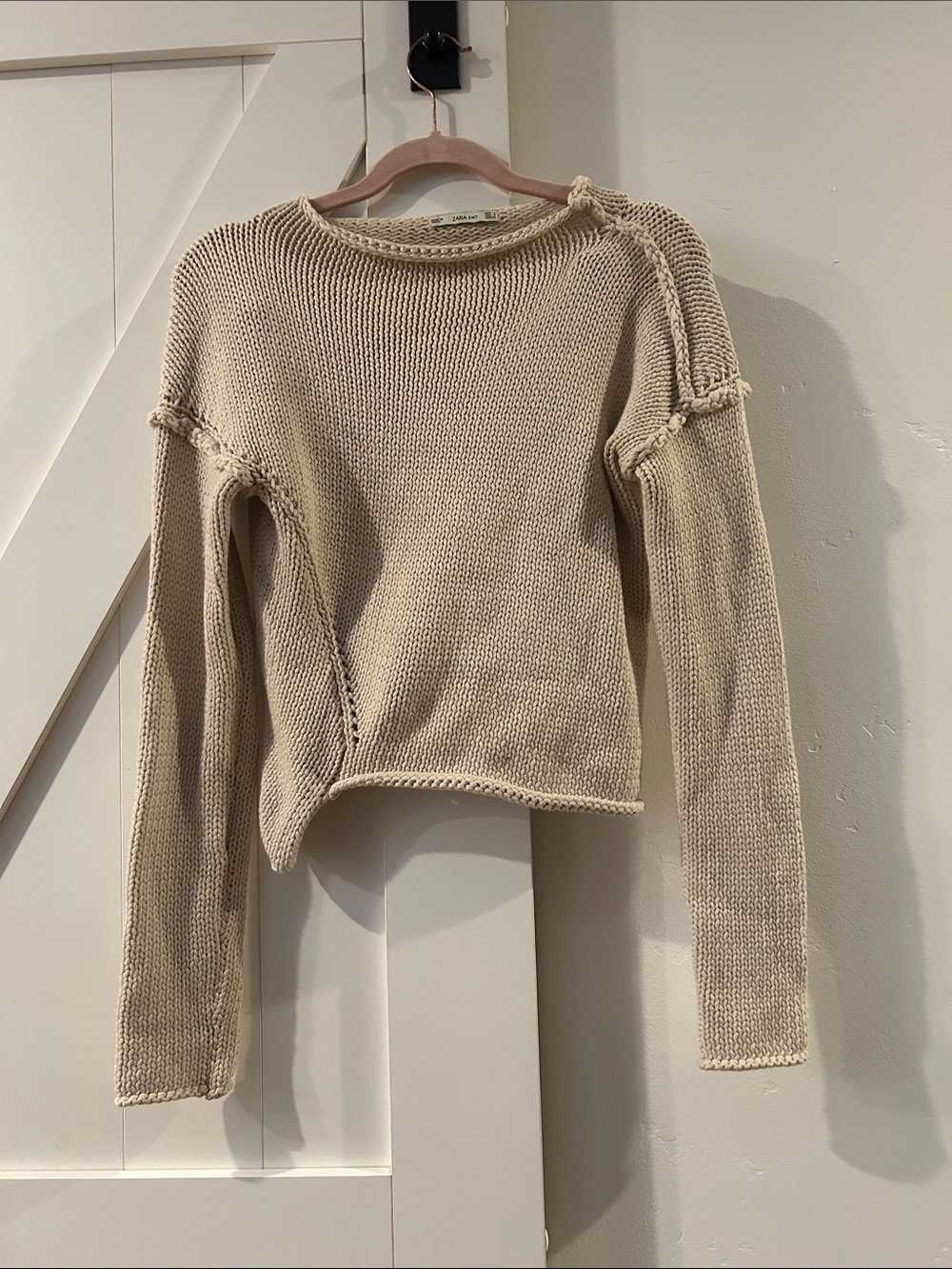 Zara Cream Textured Knit Crewneck Sweater